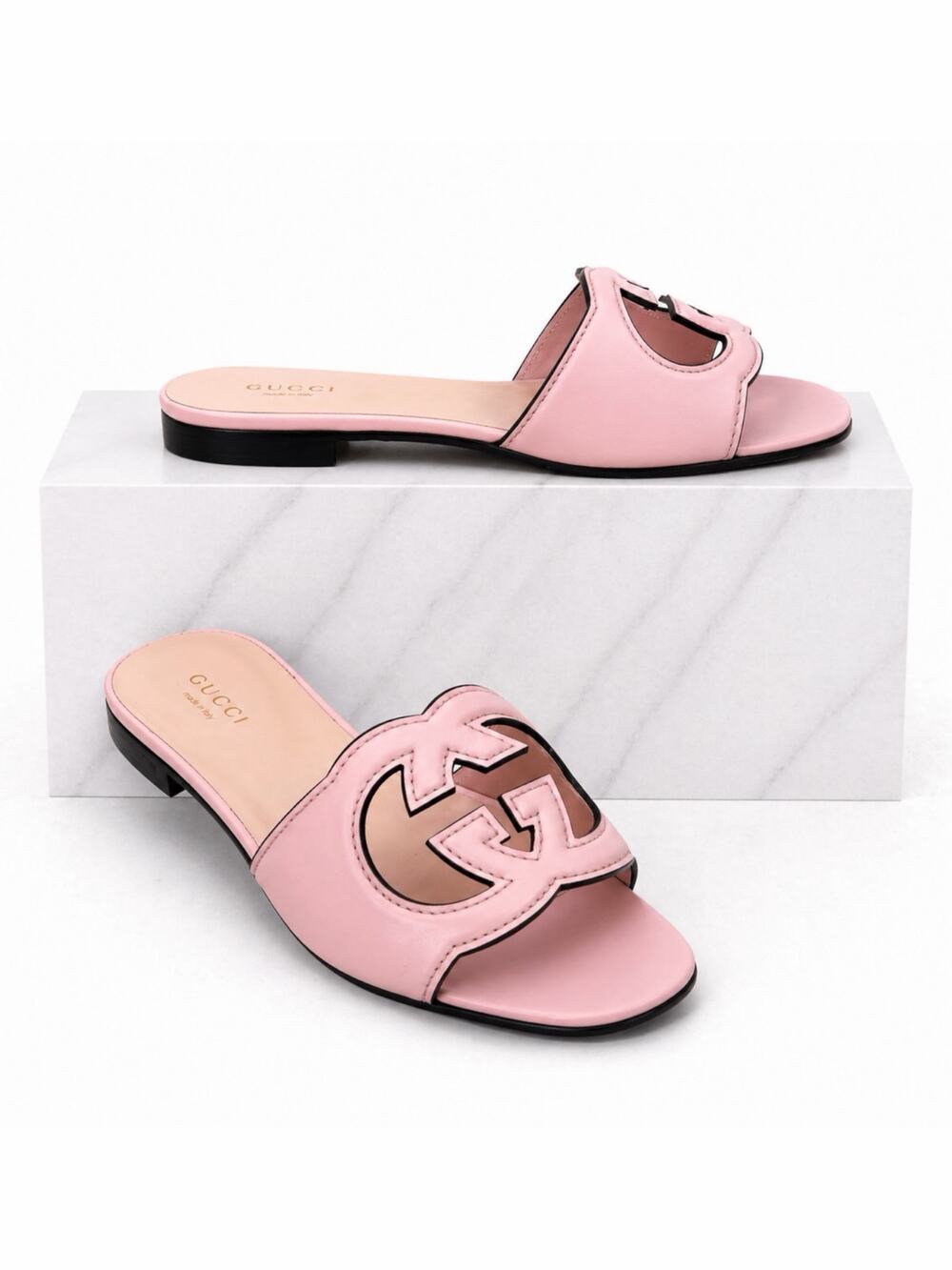 Gucci Interlocking G Cutout Leather Slide Flat Sandal Pink Size 37.5